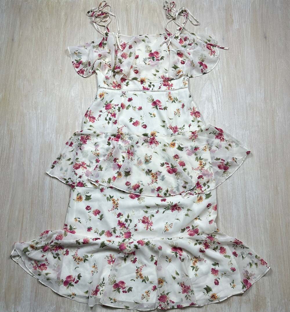 WAYF Small Ivory Floral Ruffle Maxi Dress Cold Shoulder Tie Strap Cottagecore
